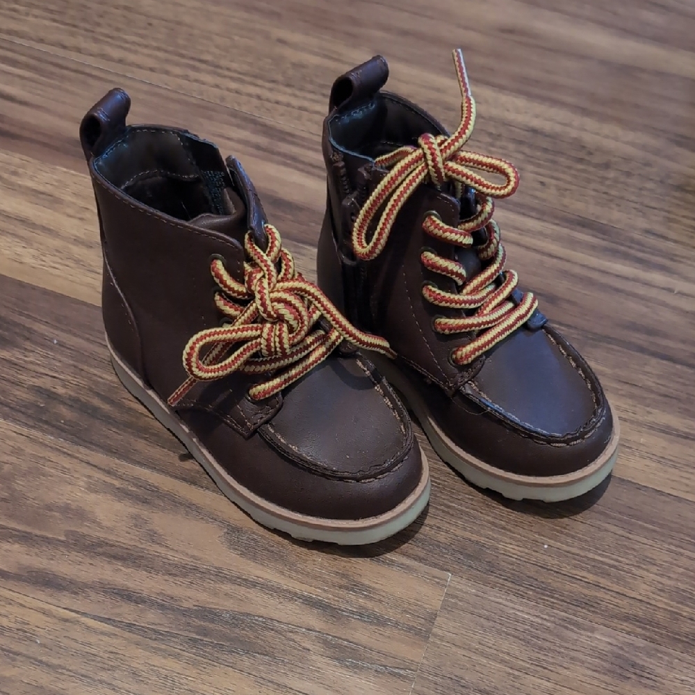 Cat & Jack Brown Kids Lace-Up Ankle Boots with Red-Yellow Accent Laces